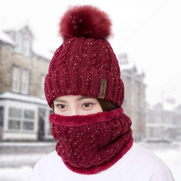 Women's Pom Beanie Hat and Scarf Set Cute Winter Ski Hat with Fleece Lining - Picture 6 of 7